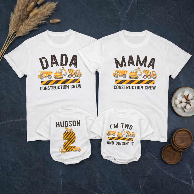 Personalized Matching Family Construction Crew Shirts, I’m Two and Diggin’ It Toddler Birthday Outfit, Custom Name and Age Cotton Tees