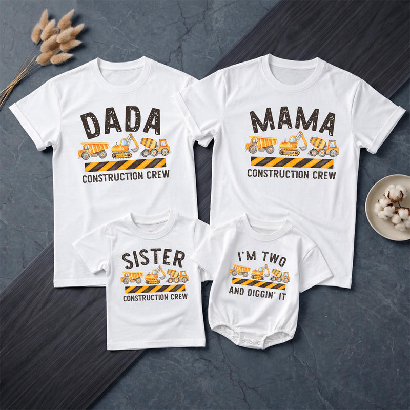 Personalized Matching Family Construction Crew Shirts, I’m Two and Diggin’ It Toddler Birthday Outfit, Custom Name and Age Cotton Tees