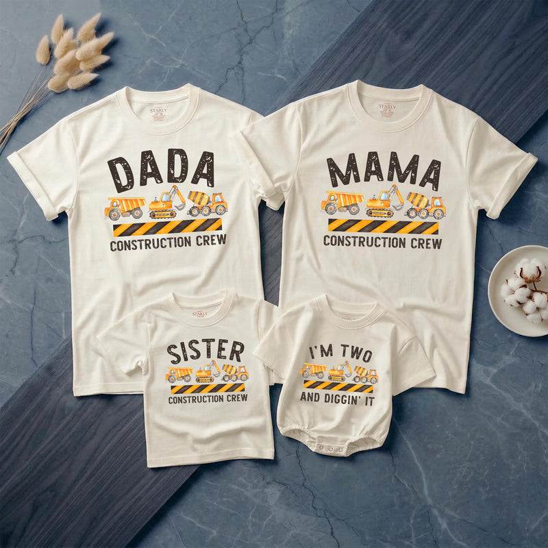 Personalized Matching Family Construction Crew Shirts, I’m Two and Diggin’ It Toddler Birthday Outfit, Custom Name and Age Cotton Tees