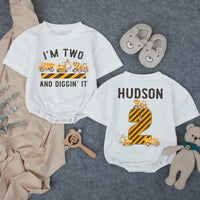 Personalized Matching Family Construction Crew Shirts, I’m Two and Diggin’ It Toddler Birthday Outfit, Custom Name and Age Cotton Tees