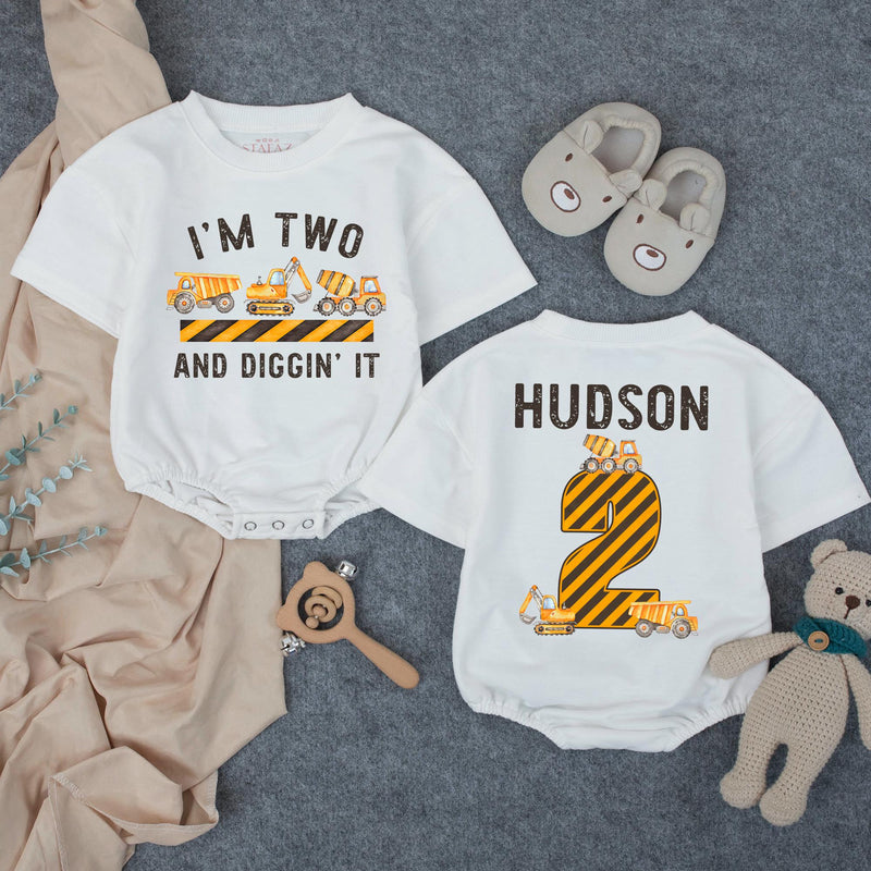 Personalized Matching Family Construction Crew Shirts, I’m Two and Diggin’ It Toddler Birthday Outfit, Custom Name and Age Cotton Tees