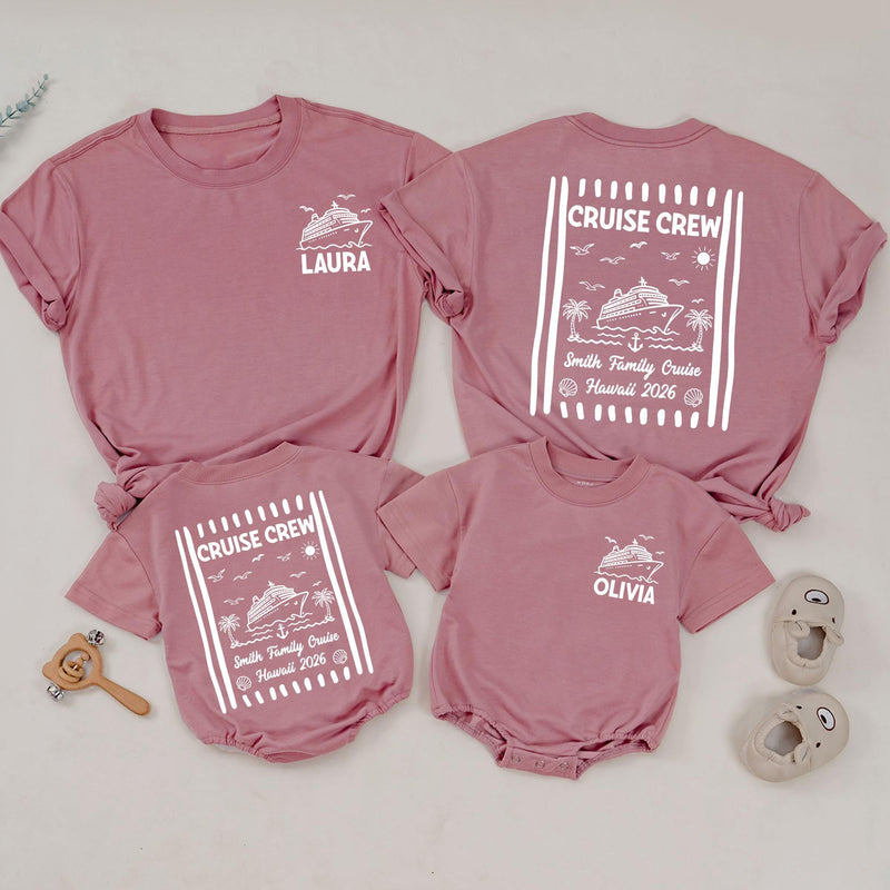 Personalized Matching Family Cruise Crew Shirts and Baby Romper, Custom Destination Tee for Summer Trips, Soft Cotton for Kids and Adults