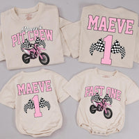 Personalized Matching Family Dirt Bike Shirts, Fast One 1st Birthday Outfit for Baby, Toddler, Mom & Dad, Pink Motocross Party Tees