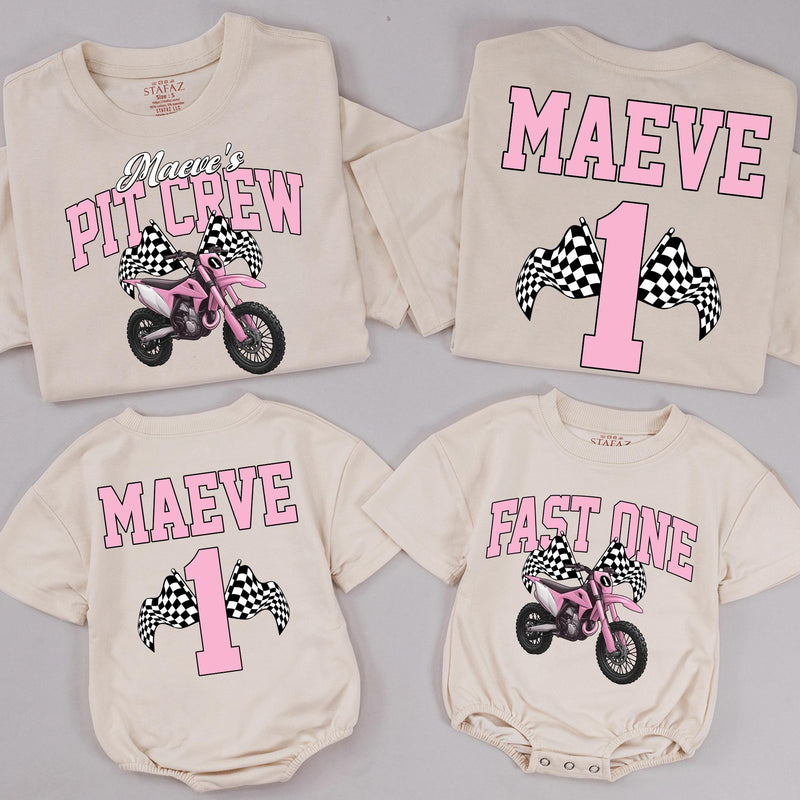 Personalized Matching Family Dirt Bike Shirts, Fast One 1st Birthday Outfit for Baby, Toddler, Mom & Dad, Pink Motocross Party Tees