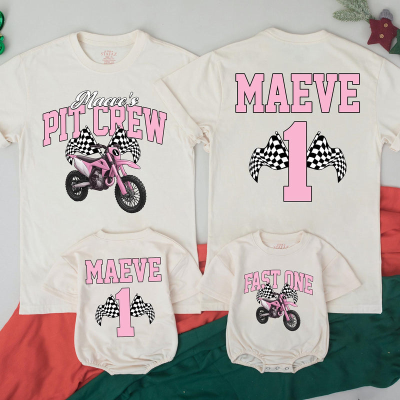 Personalized Matching Family Dirt Bike Shirts, Fast One 1st Birthday Outfit for Baby, Toddler, Mom & Dad, Pink Motocross Party Tees