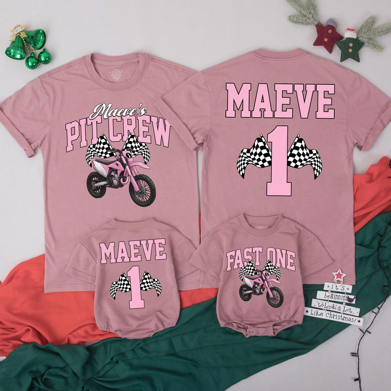 Personalized Matching Family Dirt Bike Shirts, Fast One 1st Birthday Outfit for Baby, Toddler, Mom & Dad, Pink Motocross Party Tees