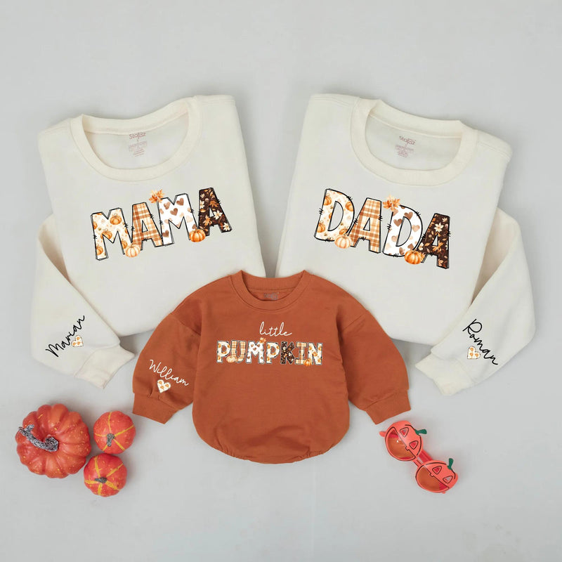 Personalized Matching Family Pumpkin Shirts - Mama, Dada, Little Pumpkin Fall Tees - Custom Names on Soft Cotton for Autumn Outings