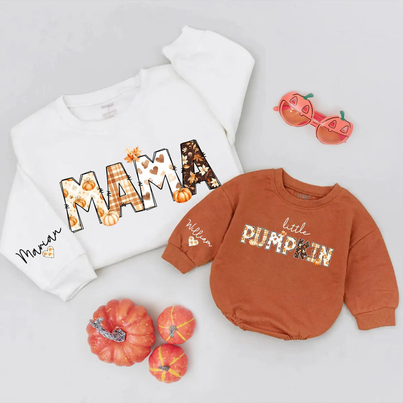Personalized Matching Family Pumpkin Shirts - Mama, Dada, Little Pumpkin Fall Tees - Custom Names on Soft Cotton for Autumn Outings