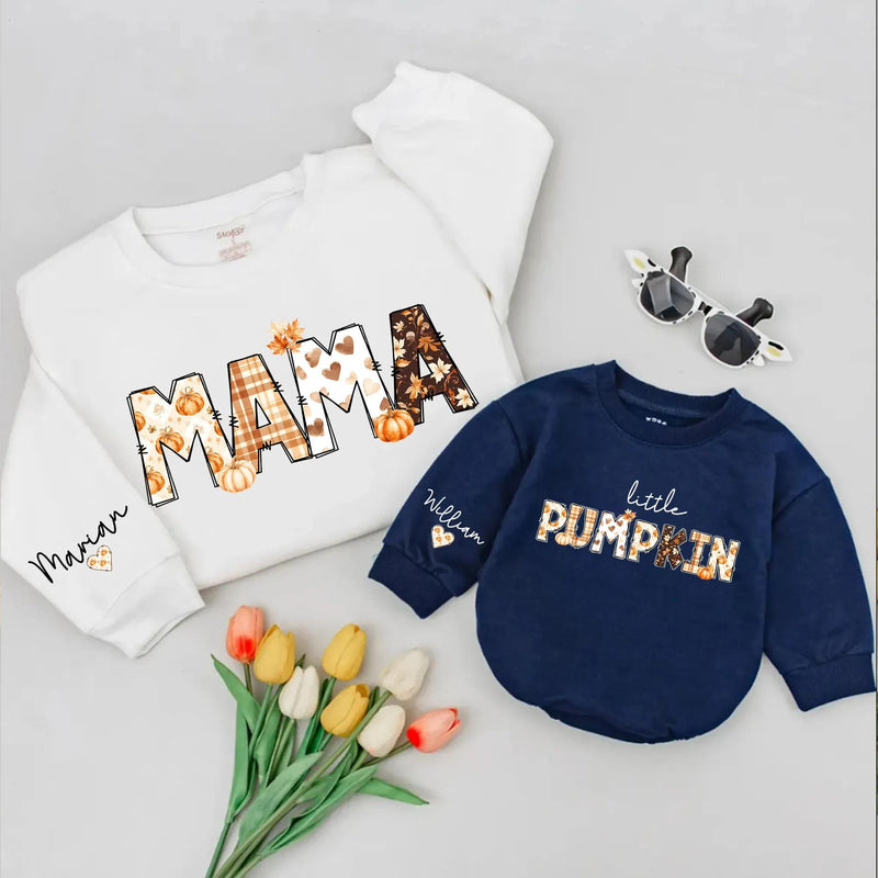 Personalized Matching Family Pumpkin Shirts - Mama, Dada, Little Pumpkin Fall Tees - Custom Names on Soft Cotton for Autumn Outings