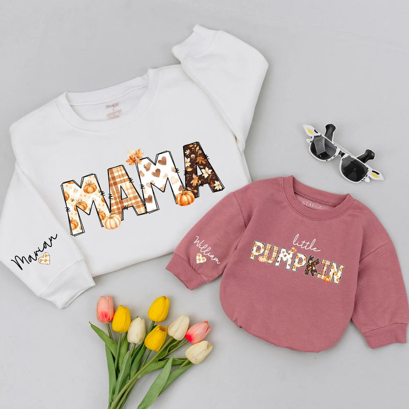 Personalized Matching Family Pumpkin Shirts - Mama, Dada, Little Pumpkin Fall Tees - Custom Names on Soft Cotton for Autumn Outings