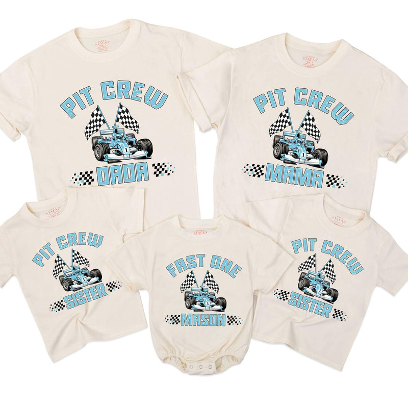 Personalized Matching Family Racing Shirts with Pit Crew Design, Fast One Romper for Baby's 1st Birthday, Soft Cotton for All Ages
