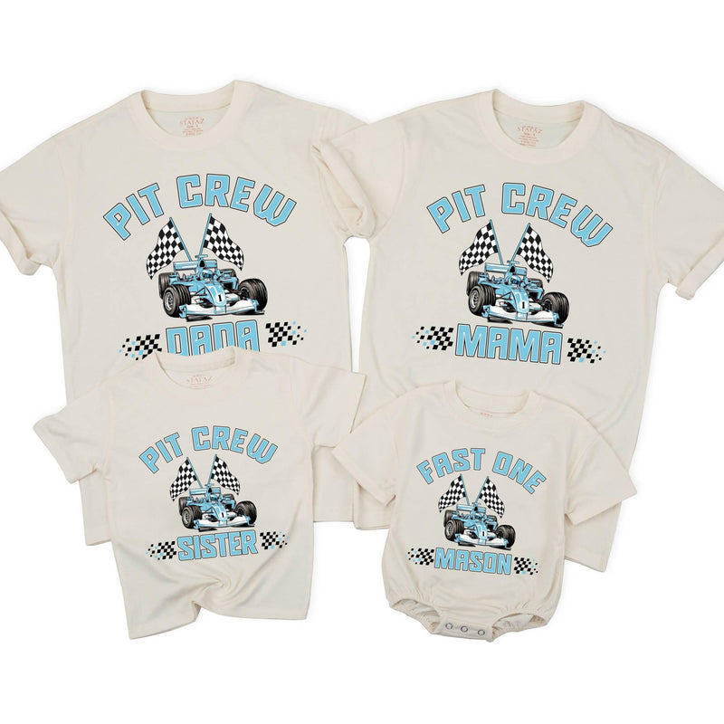 Personalized Matching Family Racing Shirts with Pit Crew Design, Fast One Romper for Baby's 1st Birthday, Soft Cotton for All Ages