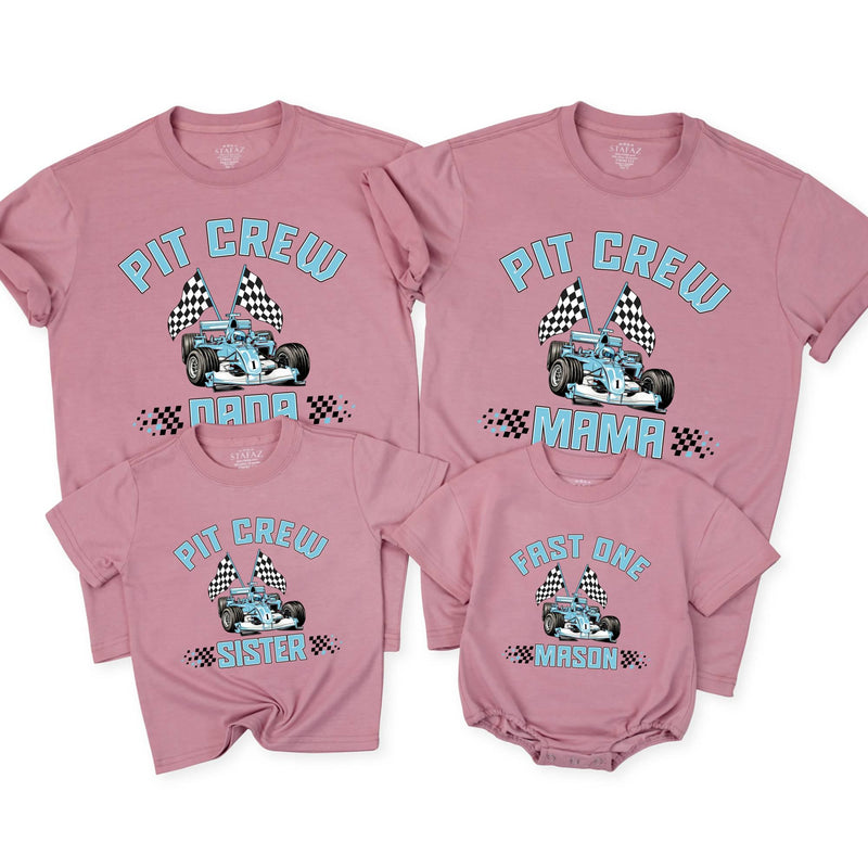 Personalized Matching Family Racing Shirts with Pit Crew Design, Fast One Romper for Baby's 1st Birthday, Soft Cotton for All Ages