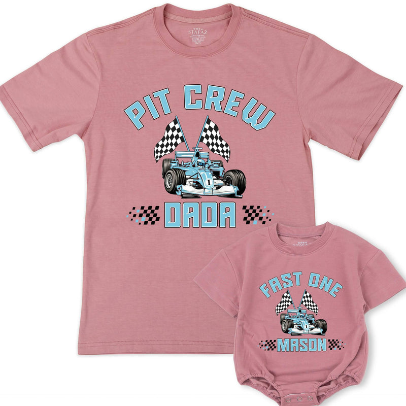 Personalized Matching Family Racing Shirts with Pit Crew Design, Fast One Romper for Baby's 1st Birthday, Soft Cotton for All Ages