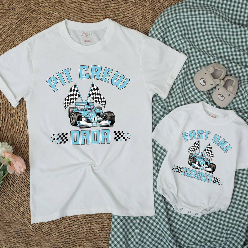 Personalized Matching Family Racing Shirts with Pit Crew Design, Fast One Romper for Baby's 1st Birthday, Soft Cotton for All Ages