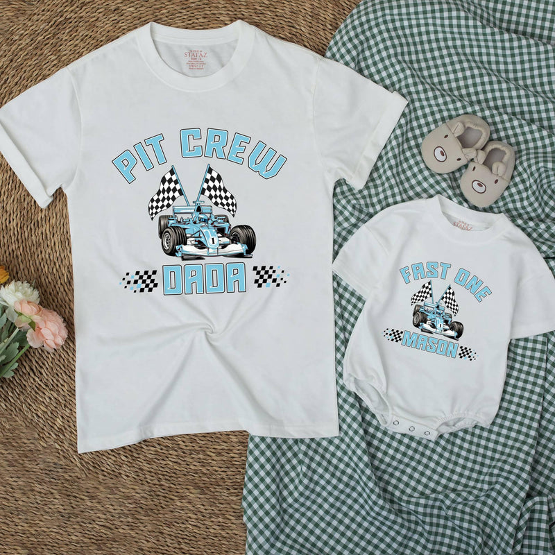 Personalized Matching Family Racing Shirts with Pit Crew Design, Fast One Romper for Baby's 1st Birthday, Soft Cotton for All Ages