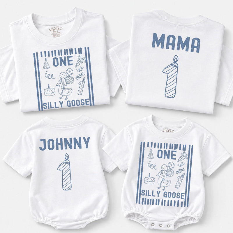 Personalized Matching Family Shirts with 'One Silly Goose' Artwork, Custom Name & Age, Soft Cotton for Baby, Toddler, Mom, Dad, First Birthday