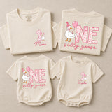 Personalized Matching Family Silly Goose First Birthday Outfit Set with Cute Goose Artwork for Baby, Toddler, Mom, and Dad in Soft Cotton
