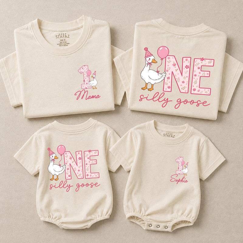 Personalized Matching Family Silly Goose First Birthday Outfit Set with Cute Goose Artwork for Baby, Toddler, Mom, and Dad in Soft Cotton