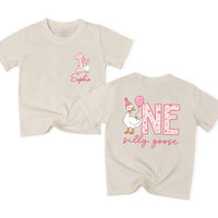 Personalized Matching Family Silly Goose First Birthday Outfit Set with Cute Goose Artwork for Baby, Toddler, Mom, and Dad in Soft Cotton