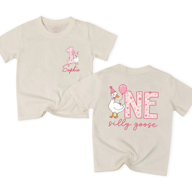 Personalized Matching Family Silly Goose First Birthday Outfit Set with Cute Goose Artwork for Baby, Toddler, Mom, and Dad in Soft Cotton