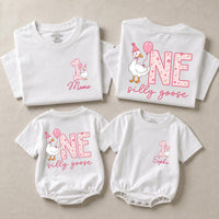 Personalized Matching Family Silly Goose First Birthday Outfit Set with Cute Goose Artwork for Baby, Toddler, Mom, and Dad in Soft Cotton