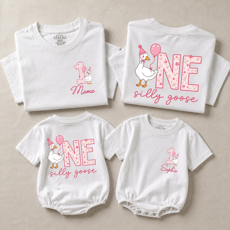 Personalized Matching Family Silly Goose First Birthday Outfit Set with Cute Goose Artwork for Baby, Toddler, Mom, and Dad in Soft Cotton