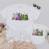 Personalized Matching Mama and Mini Mardi Gras Shirts Vibrant Carnival Design Custom Family Outfit Purple Green Gold Fun Gift