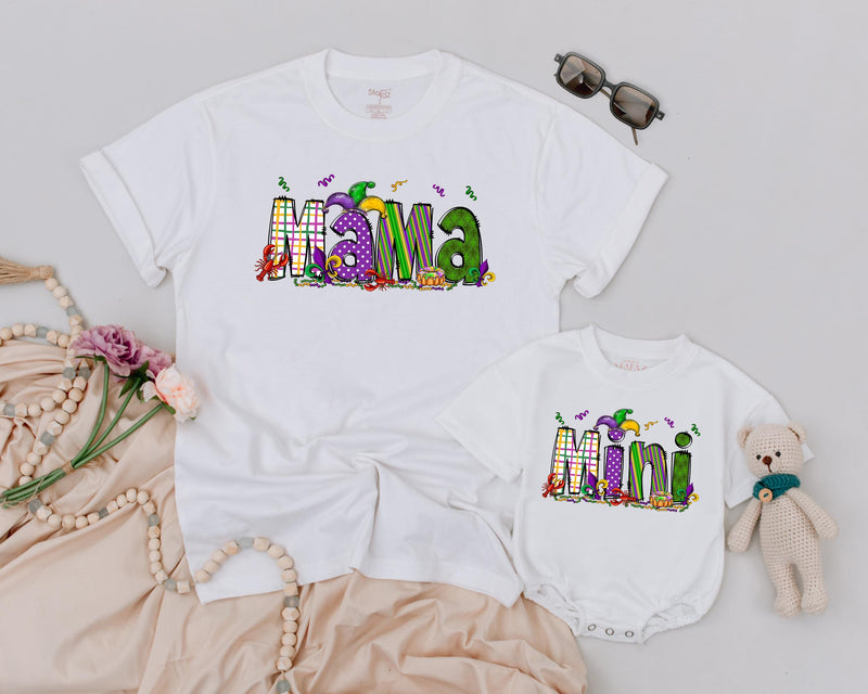 Personalized Matching Mama and Mini Mardi Gras Shirts Vibrant Carnival Design Custom Family Outfit Purple Green Gold Fun Gift