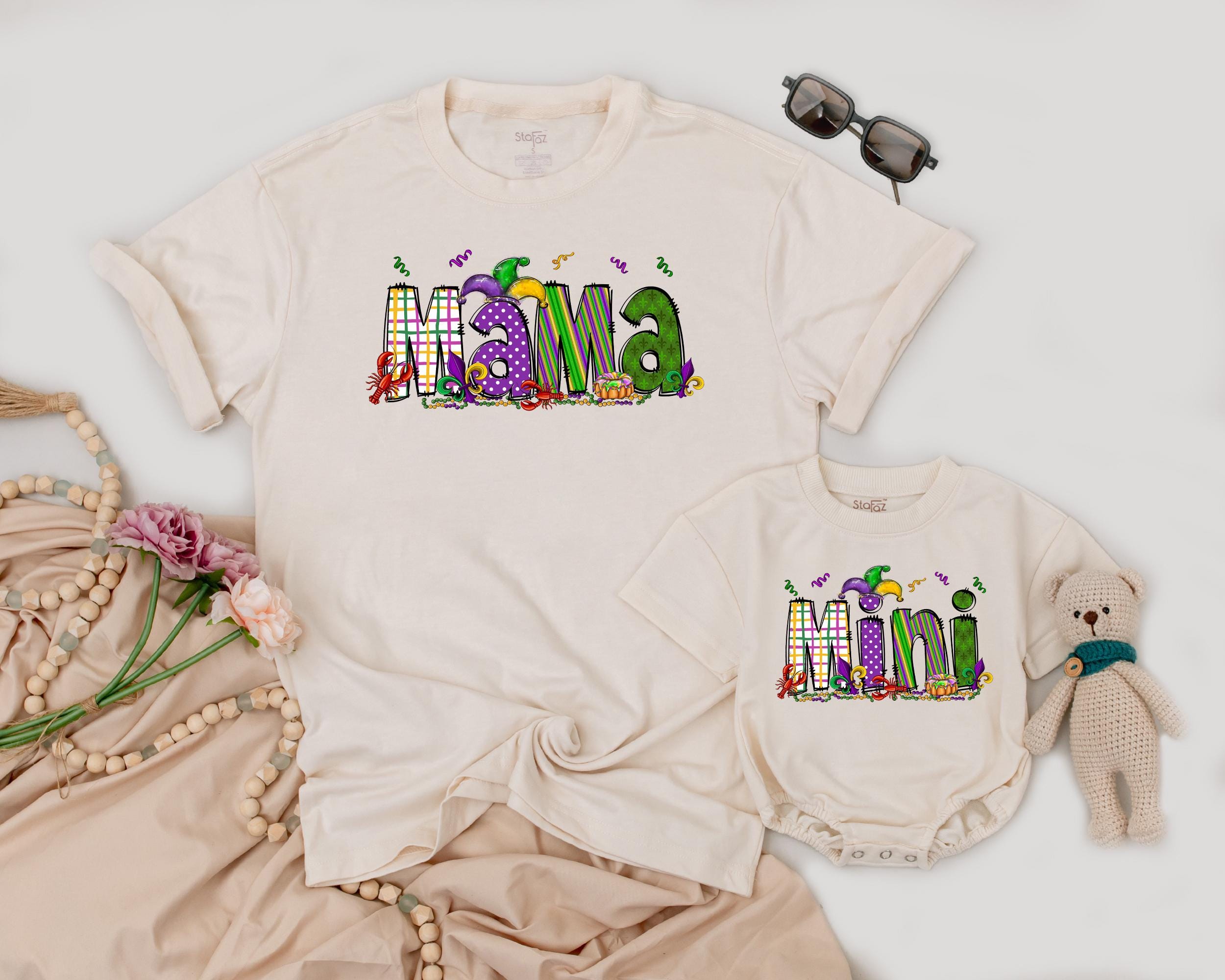 Personalized Matching Mama and Mini Mardi Gras Shirts Vibrant Carnival Design Custom Family Outfit Purple Green Gold Fun Gift