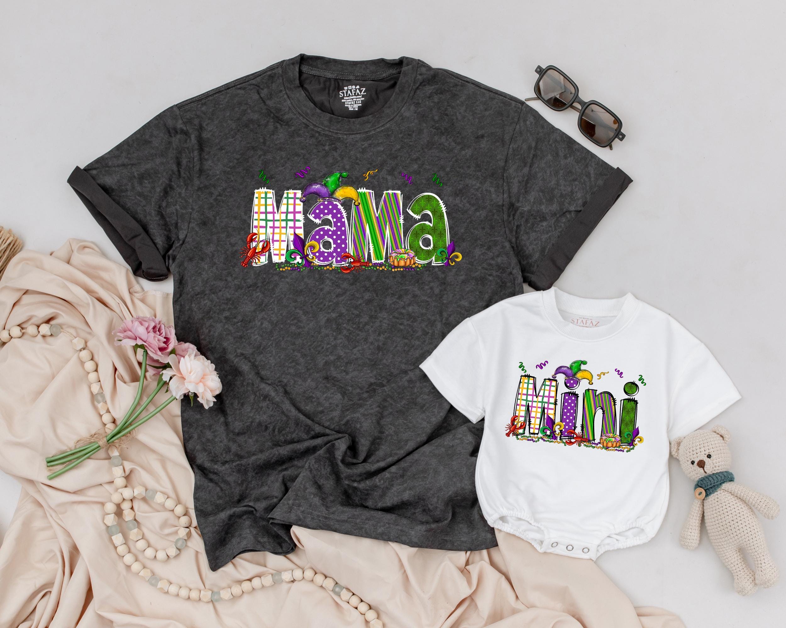 Personalized Matching Mama and Mini Mardi Gras Shirts Vibrant Carnival Design Custom Family Outfit Purple Green Gold Fun Gift