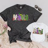 Personalized Matching Mama and Mini Mardi Gras Shirts Vibrant Carnival Design Custom Family Outfit Purple Green Gold Fun Gift