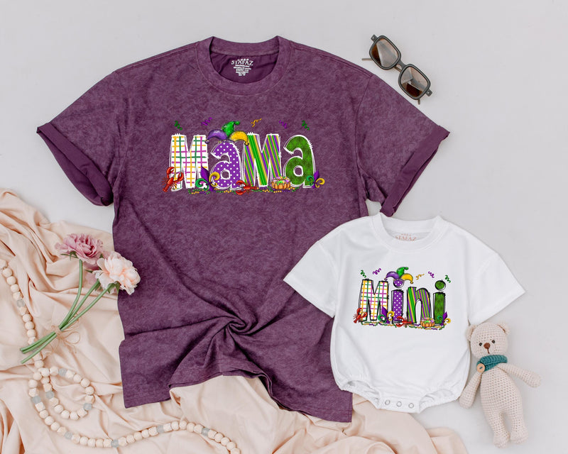 Personalized Matching Mama and Mini Mardi Gras Shirts Vibrant Carnival Design Custom Family Outfit Purple Green Gold Fun Gift