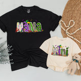 Personalized Matching Mama and Mini Mardi Gras Shirts Vibrant Carnival Design Custom Family Outfit Purple Green Gold Fun Gift
