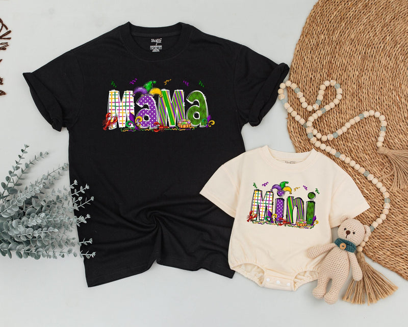 Personalized Matching Mama and Mini Mardi Gras Shirts Vibrant Carnival Design Custom Family Outfit Purple Green Gold Fun Gift