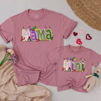 Personalized Matching Mama and Mini Mardi Gras Shirts Vibrant Carnival Design Custom Family Outfit Purple Green Gold Fun Gift