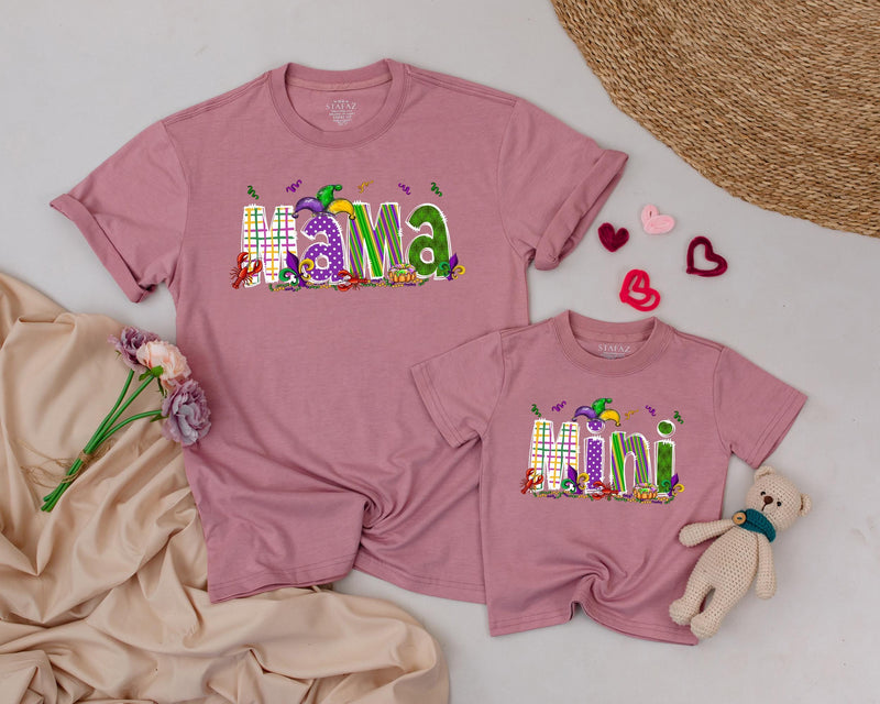 Personalized Matching Mama and Mini Mardi Gras Shirts Vibrant Carnival Design Custom Family Outfit Purple Green Gold Fun Gift