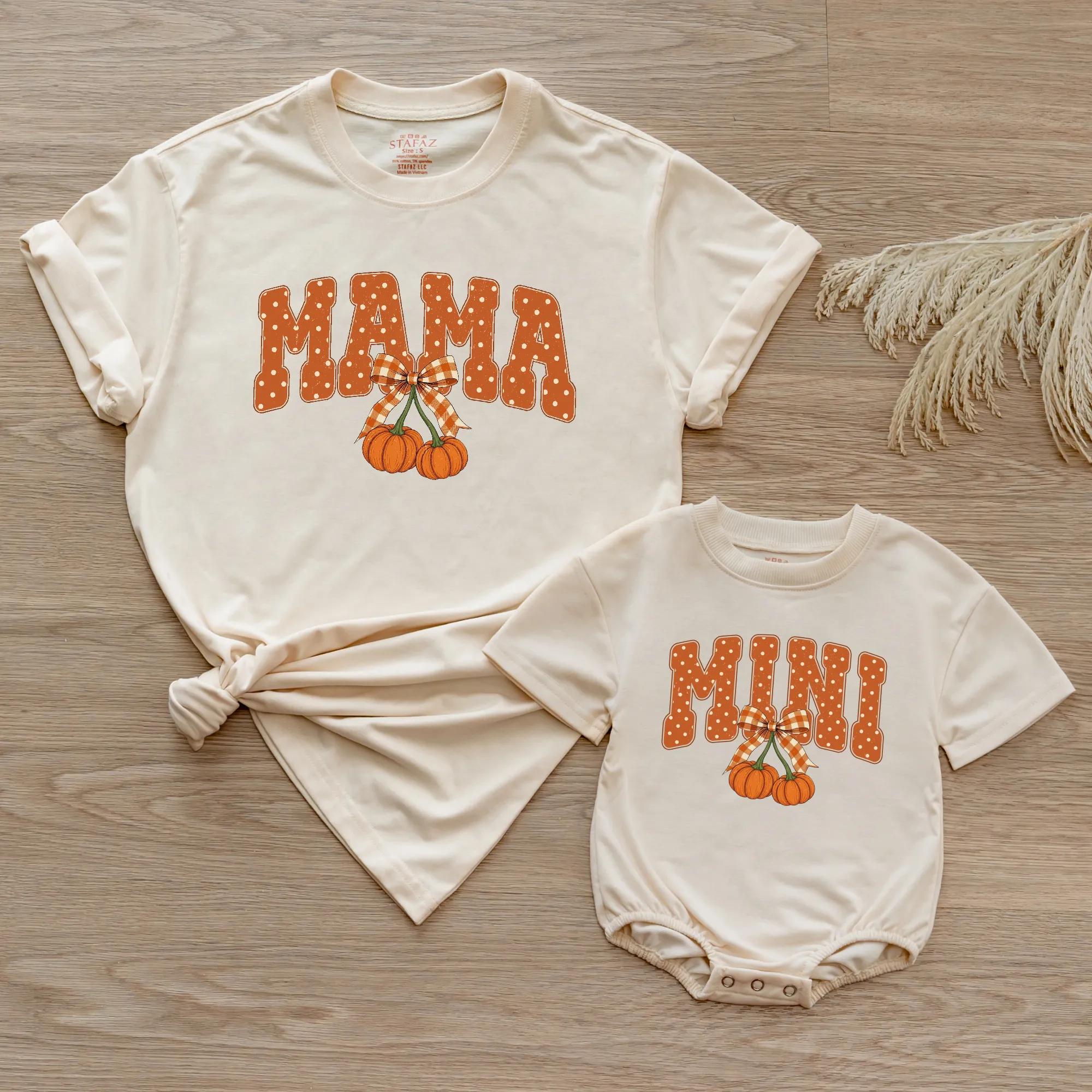 Personalized Matching Mommy and Me Fall Outfits with Pumpkin Graphic, Mama and Mini Shirts, Baby Romper, Soft Cotton for Family Fall Fun