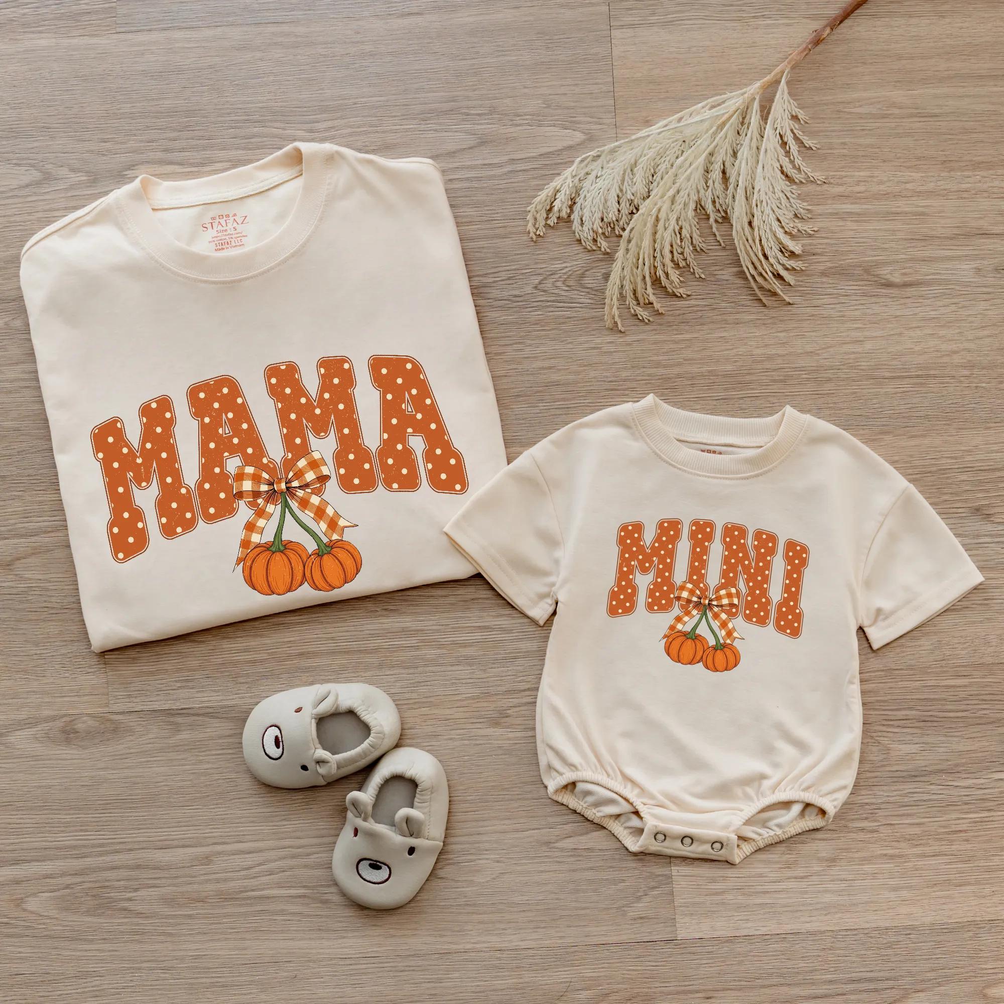 Personalized Matching Mommy and Me Fall Outfits with Pumpkin Graphic, Mama and Mini Shirts, Baby Romper, Soft Cotton for Family Fall Fun