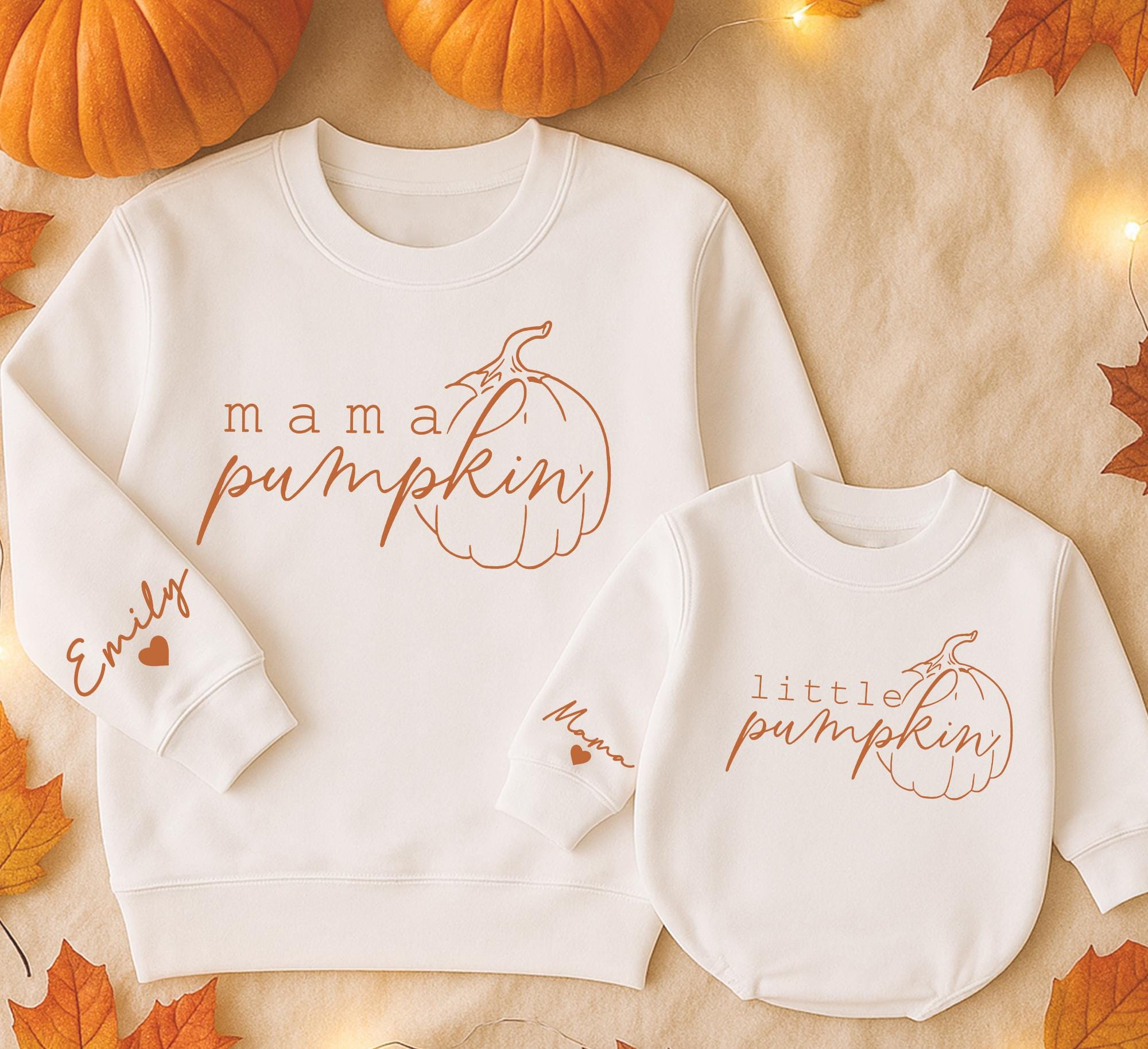 Personalized Matching Pumpkin Sweatshirts for Mama and Mini Cozy Fall Retro Cotton Family Outfits with Custom Name Heart Design Gift