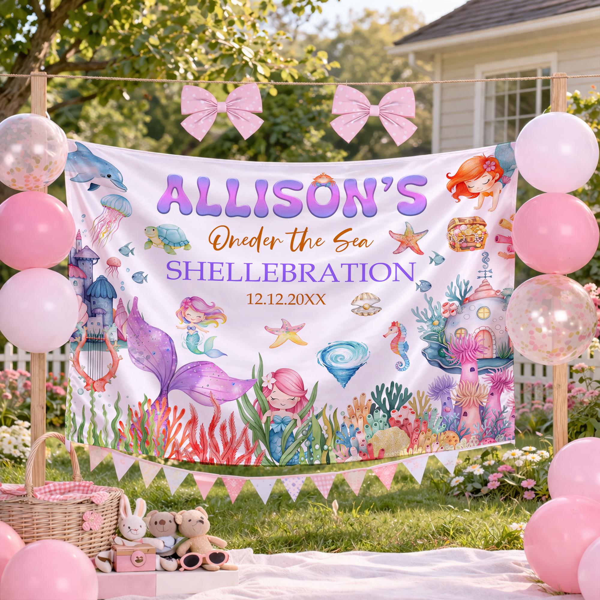 Personalized Mermaid 1st Birthday Banner for Baby Girl Party Decor Vibrant Pastel Underwater Theme Custom Name and Date Design