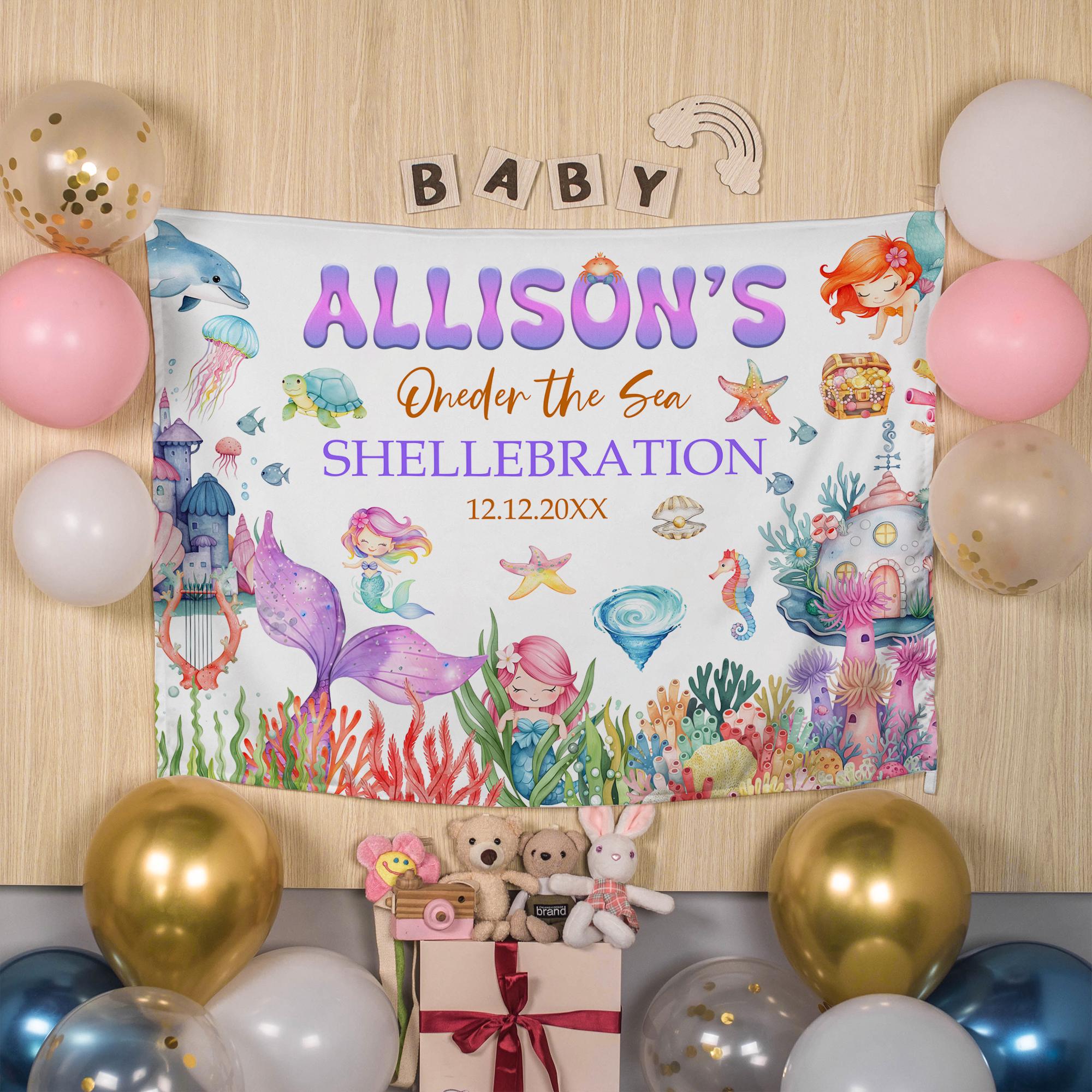 Personalized Mermaid 1st Birthday Banner for Baby Girl Party Decor Vibrant Pastel Underwater Theme Custom Name and Date Design