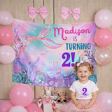 Personalized Mermaid 2nd Birthday Silk Banner with Name, Under the Sea Party Decor for Toddler Girls, Custom Birthday Celebration Sign