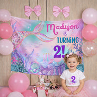 Personalized Mermaid 2nd Birthday Silk Banner with Name, Under the Sea Party Decor for Toddler Girls, Custom Birthday Celebration Sign