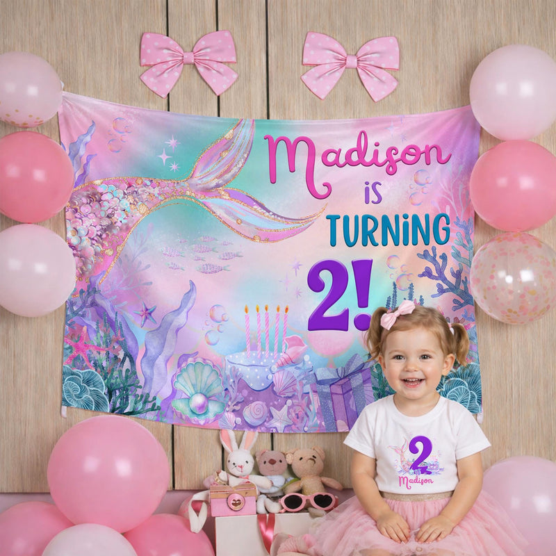 Personalized Mermaid 2nd Birthday Silk Banner with Name, Under the Sea Party Decor for Toddler Girls, Custom Birthday Celebration Sign