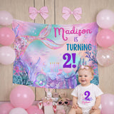 Personalized Mermaid 2nd Birthday Silk Banner with Name, Under the Sea Party Decor for Toddler Girls, Custom Birthday Celebration Sign
