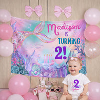 Personalized Mermaid 2nd Birthday Silk Banner with Name, Under the Sea Party Decor for Toddler Girls, Custom Birthday Celebration Sign