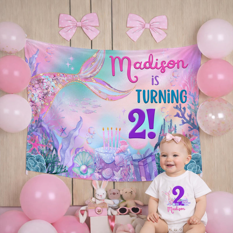 Personalized Mermaid 2nd Birthday Silk Banner with Name, Under the Sea Party Decor for Toddler Girls, Custom Birthday Celebration Sign
