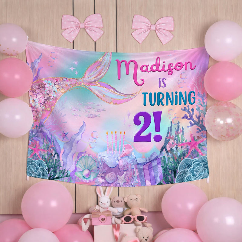 Personalized Mermaid 2nd Birthday Silk Banner with Name, Under the Sea Party Decor for Toddler Girls, Custom Birthday Celebration Sign