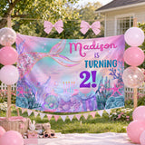 Personalized Mermaid 2nd Birthday Silk Banner with Name, Under the Sea Party Decor for Toddler Girls, Custom Birthday Celebration Sign